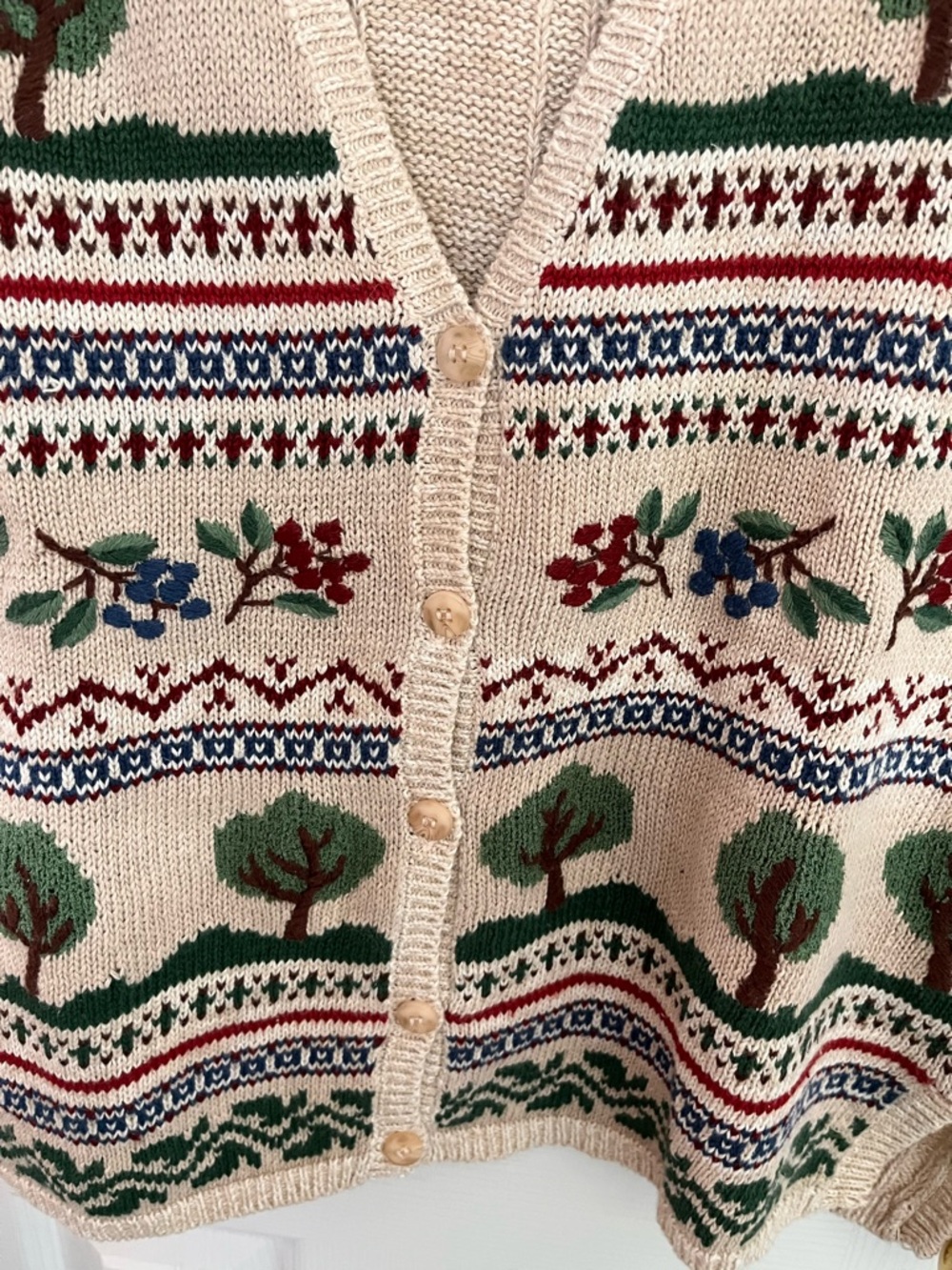 Vintage Jantzen Cream Knit Button-Front Vest with Green Tree & Multicolor Motifs - Picture 3 of 6